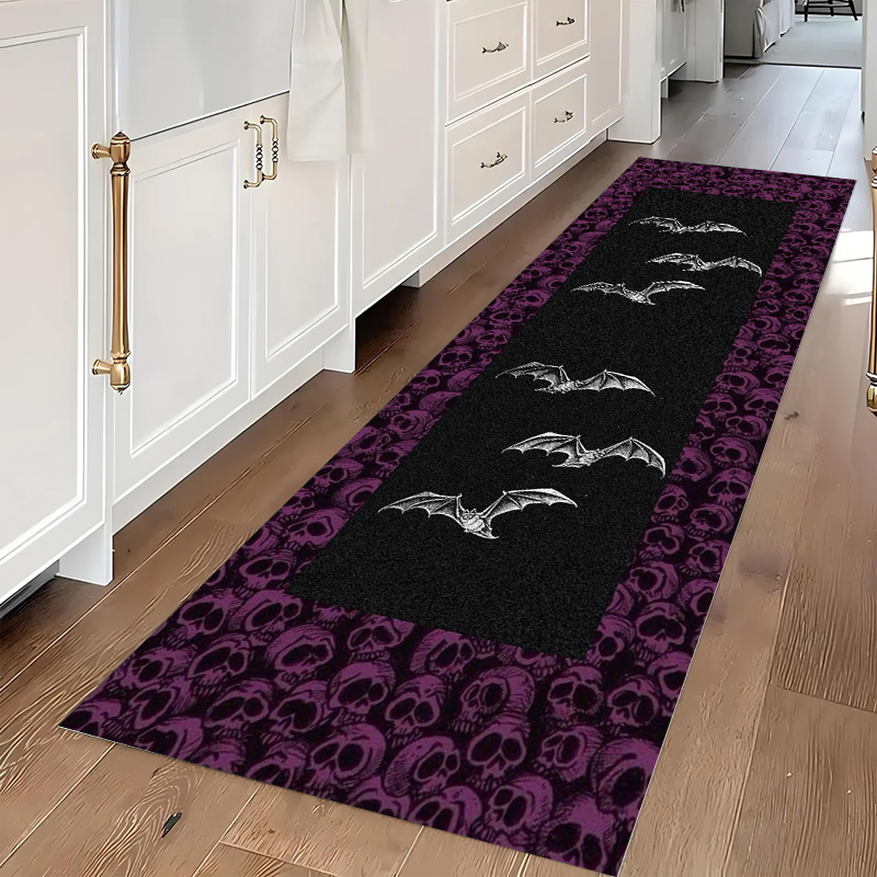 Commercial Kitchen Non Slip Flooring - Gotischer Totenkopf & Fledermaus Läufer-Teppich, rutschfeste,