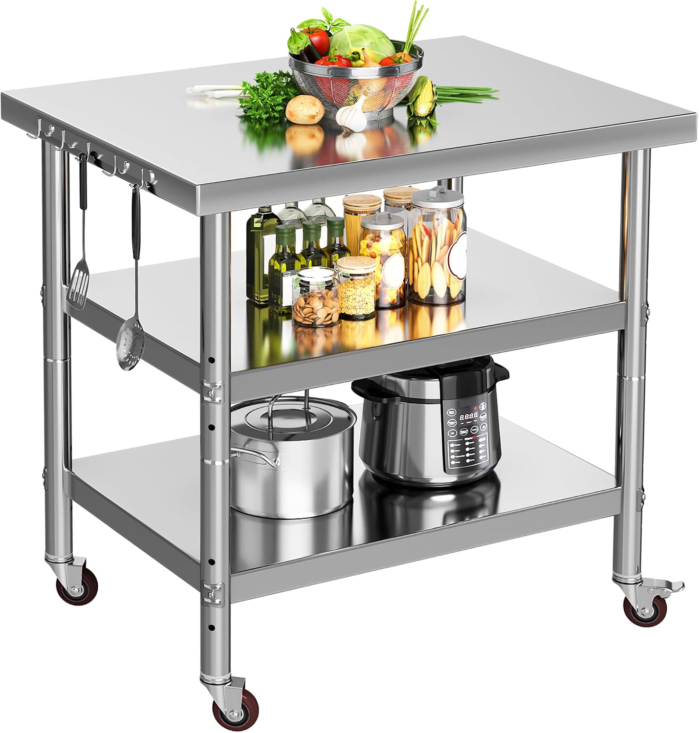 Commercial Kitchen On Wheels - Edelstahl-Arbeitstisch für die Lebensmittelzubereitung, 3-stufiger, robuster