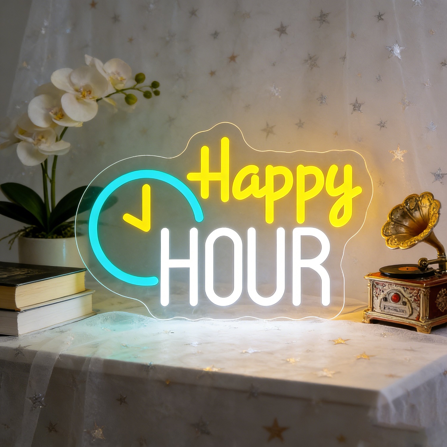 Commercial Kitchen Walls - Happy HOUR Wolken-Neonschild mit Uhr, LED,